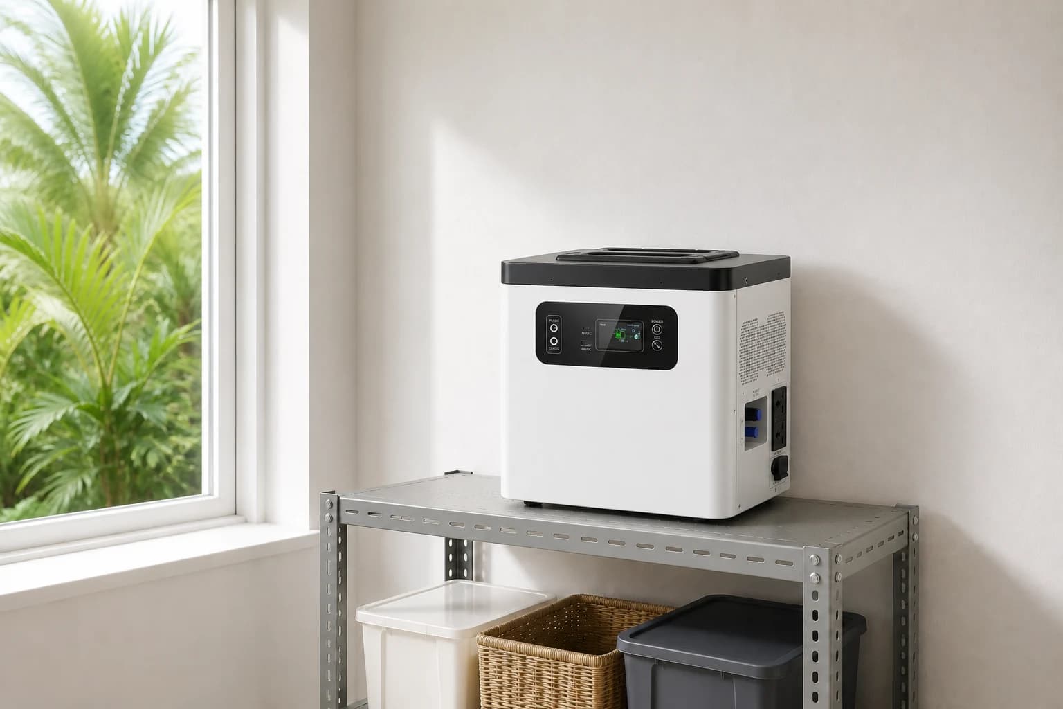 All-in-one backup power unit placed upright on a stable ventilated shelf