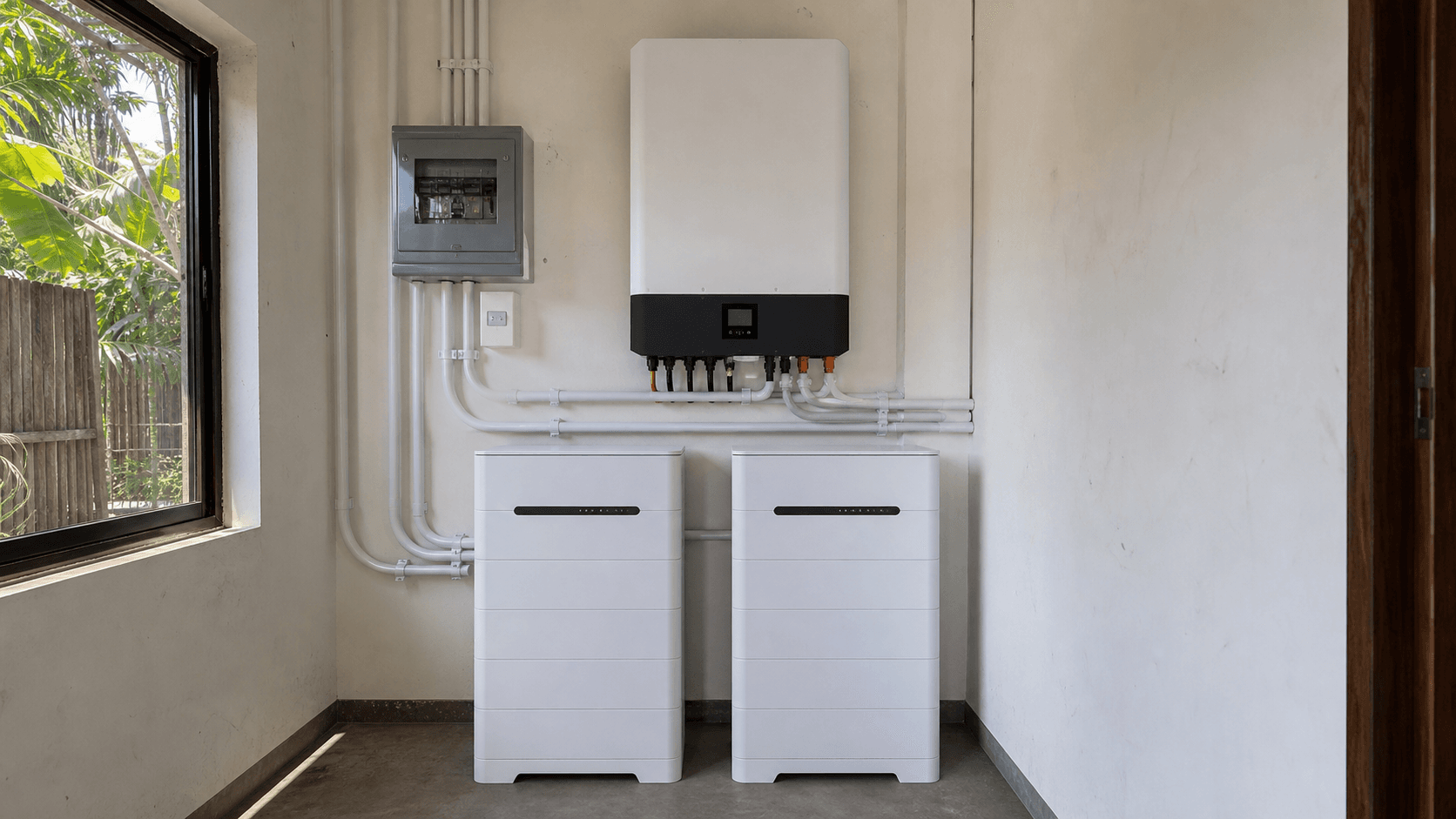 Illustrative editorial image of a residential hybrid inverter, battery cabinets and associated electrical equipment; final equipment and installation layout vary by project.