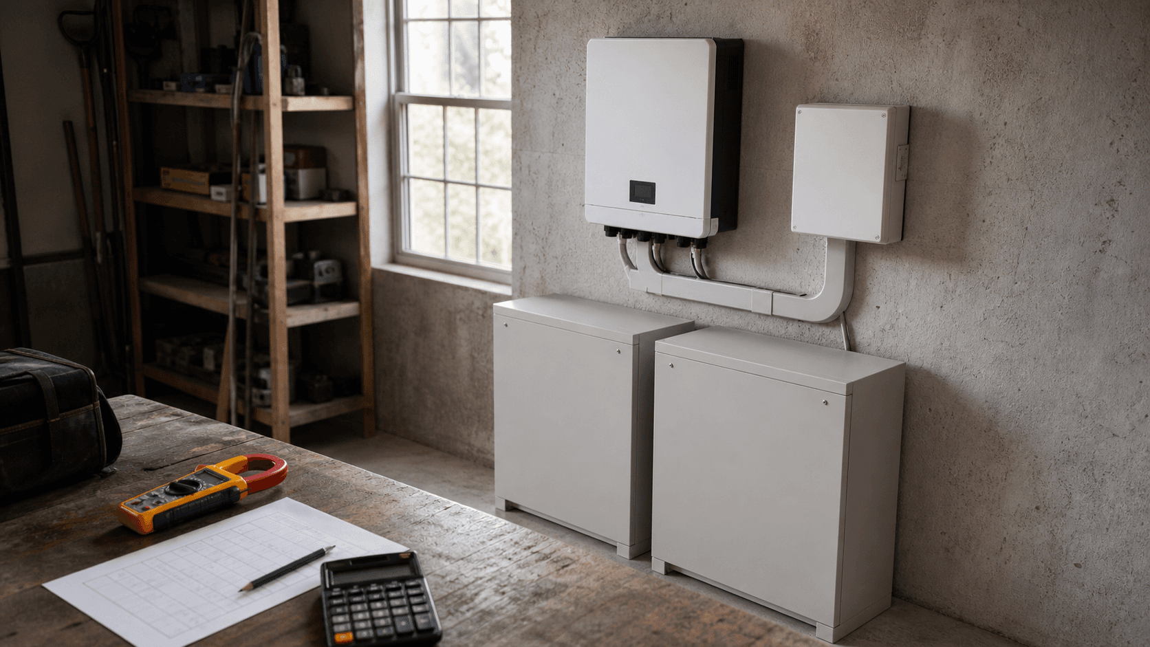 Illustrative editorial image of enclosed battery cabinets, an inverter and load-checking tools in a workshop; it is not a Rongkai project or an installation design.