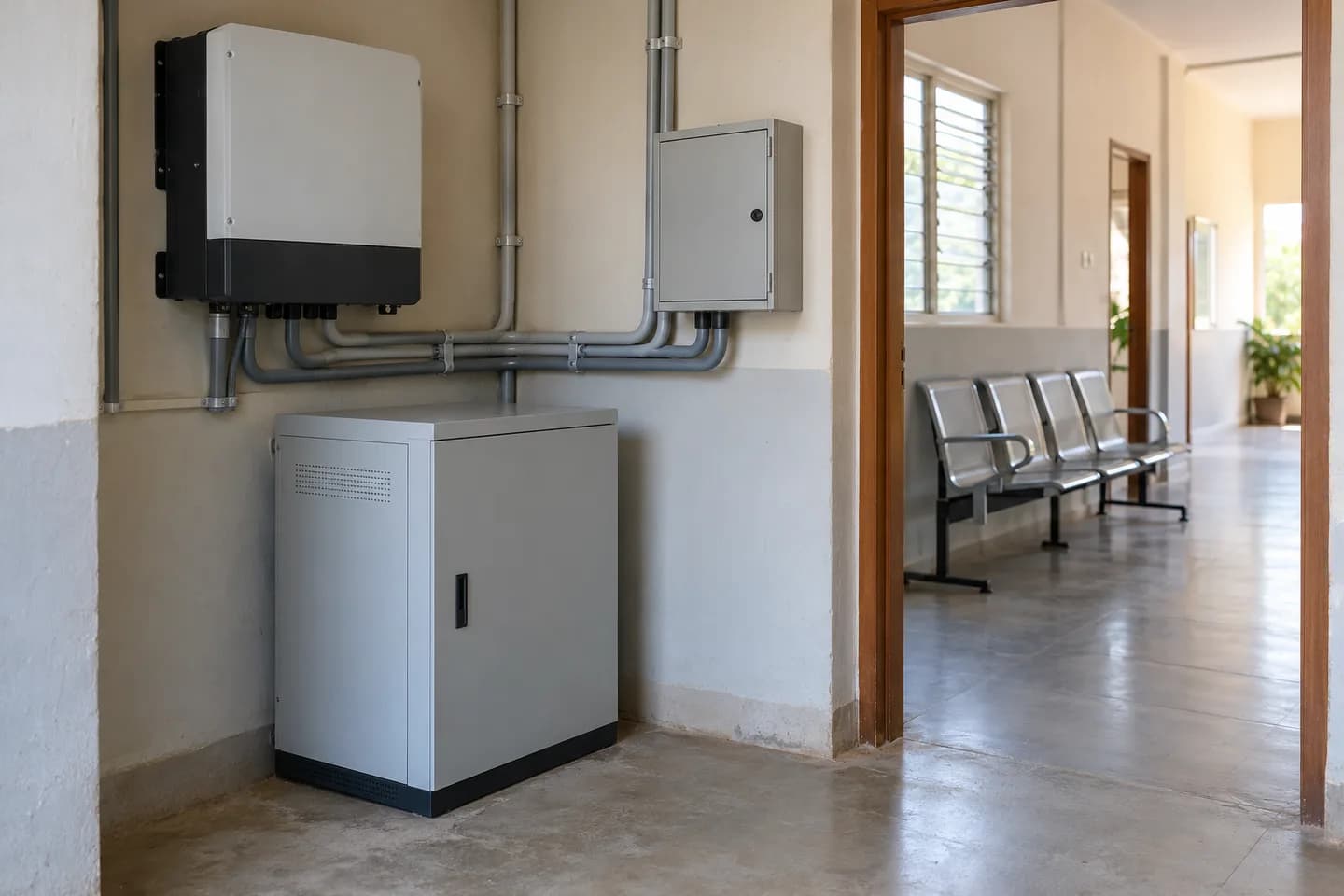 Editorial illustration of closed solar and battery equipment in a clinic service area