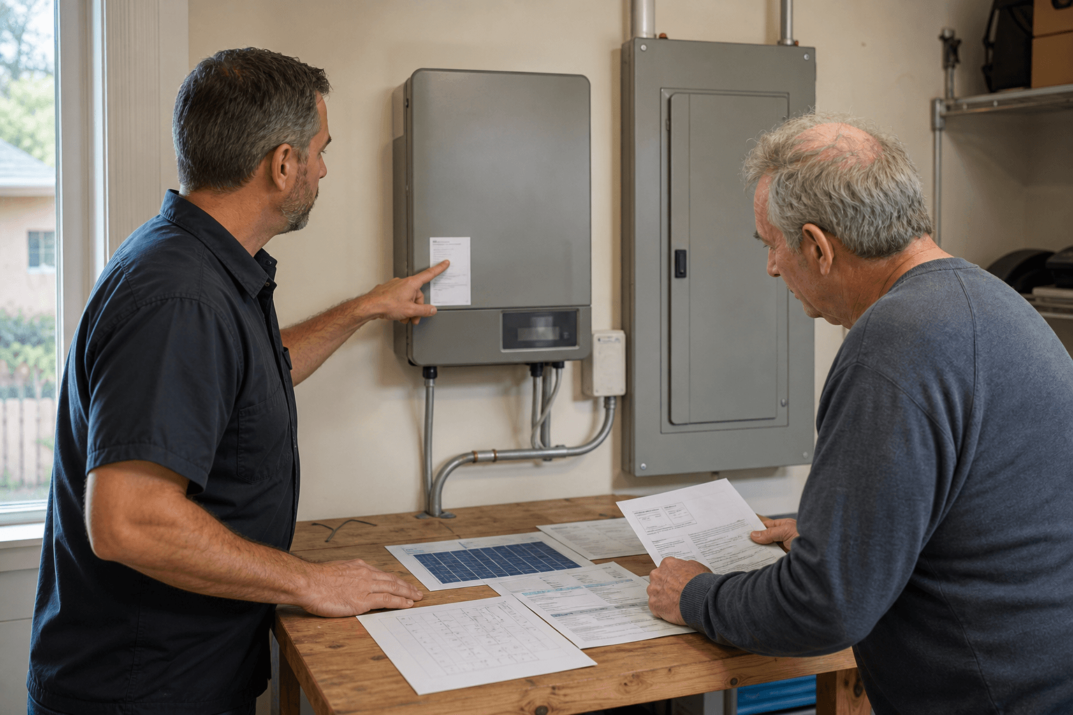 Illustrative editorial photograph of a homeowner and technician reviewing a closed inverter, array drawing and system records before a solar expansion; it is not a Rongkai customer project.