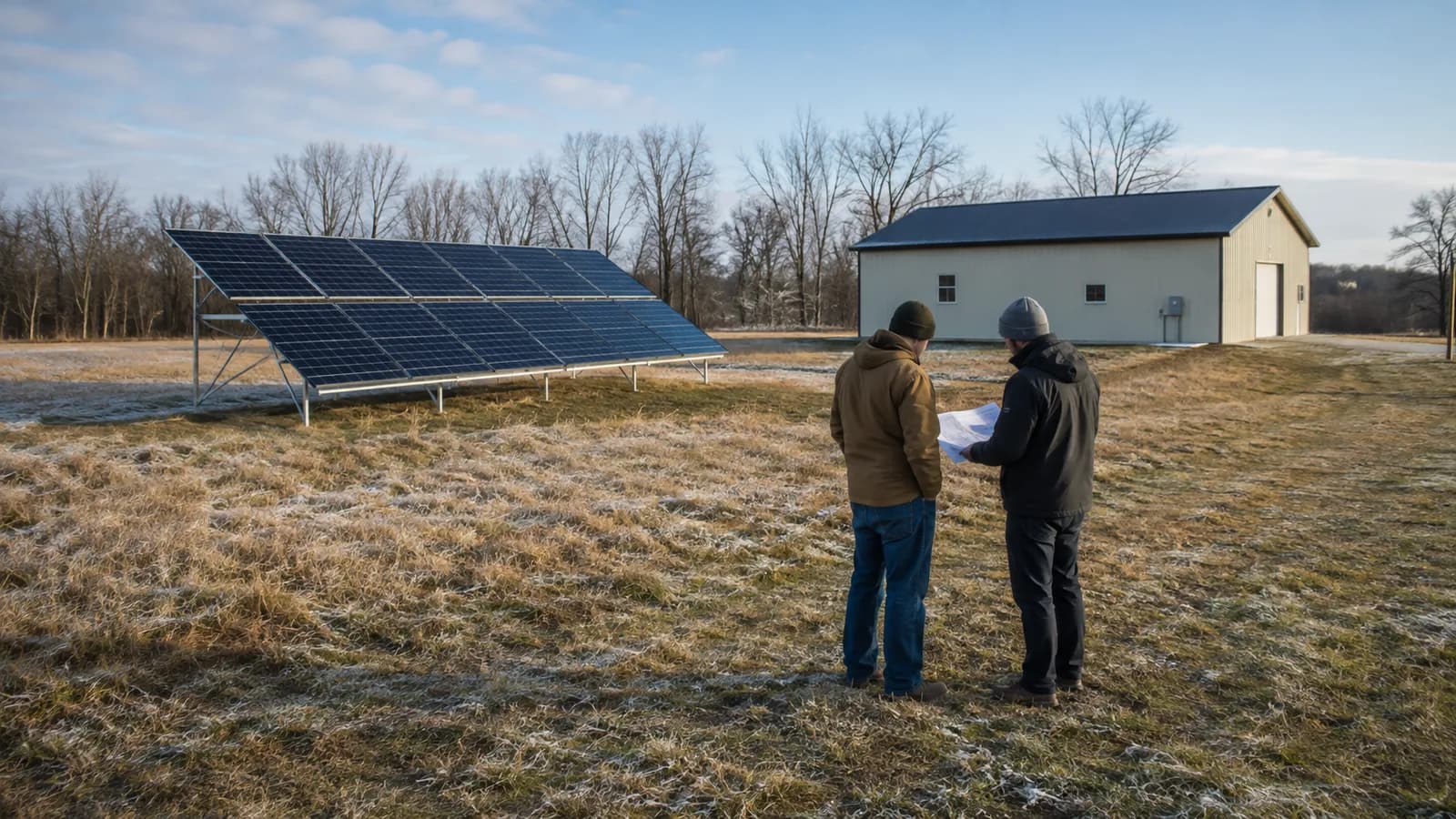 How should you connect a ground-mount solar array 100 feet from an off-grid building?