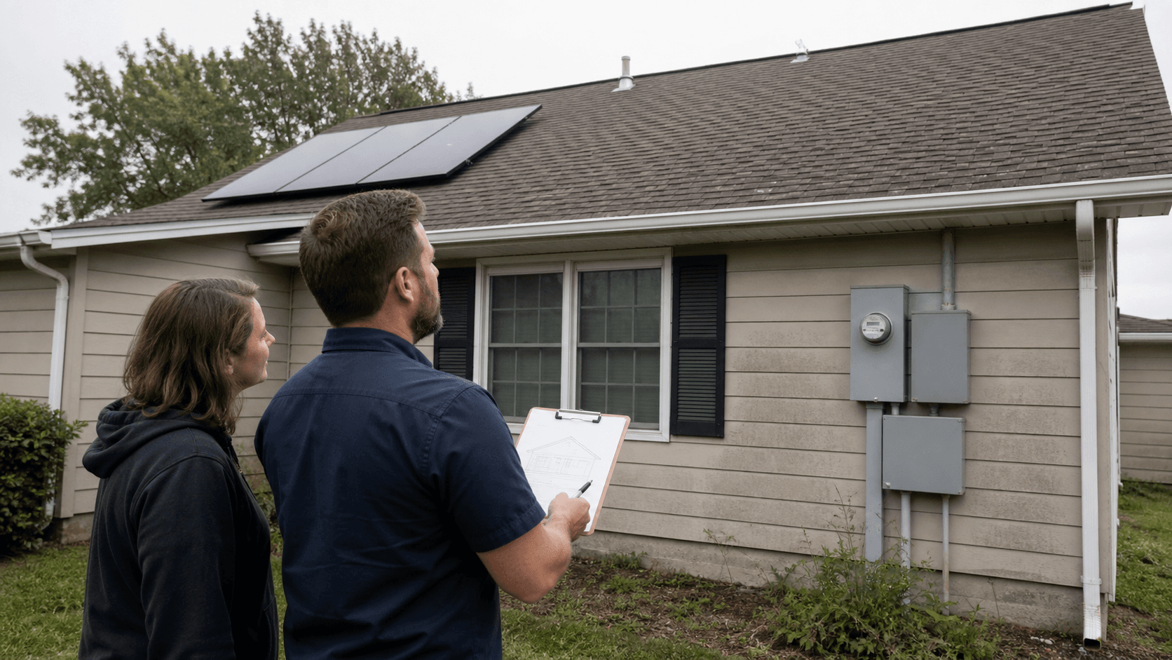 Illustrative editorial photograph of a homeowner and installer reviewing roof space and closed electrical equipment for a later solar expansion; it is not a Rongkai customer project.