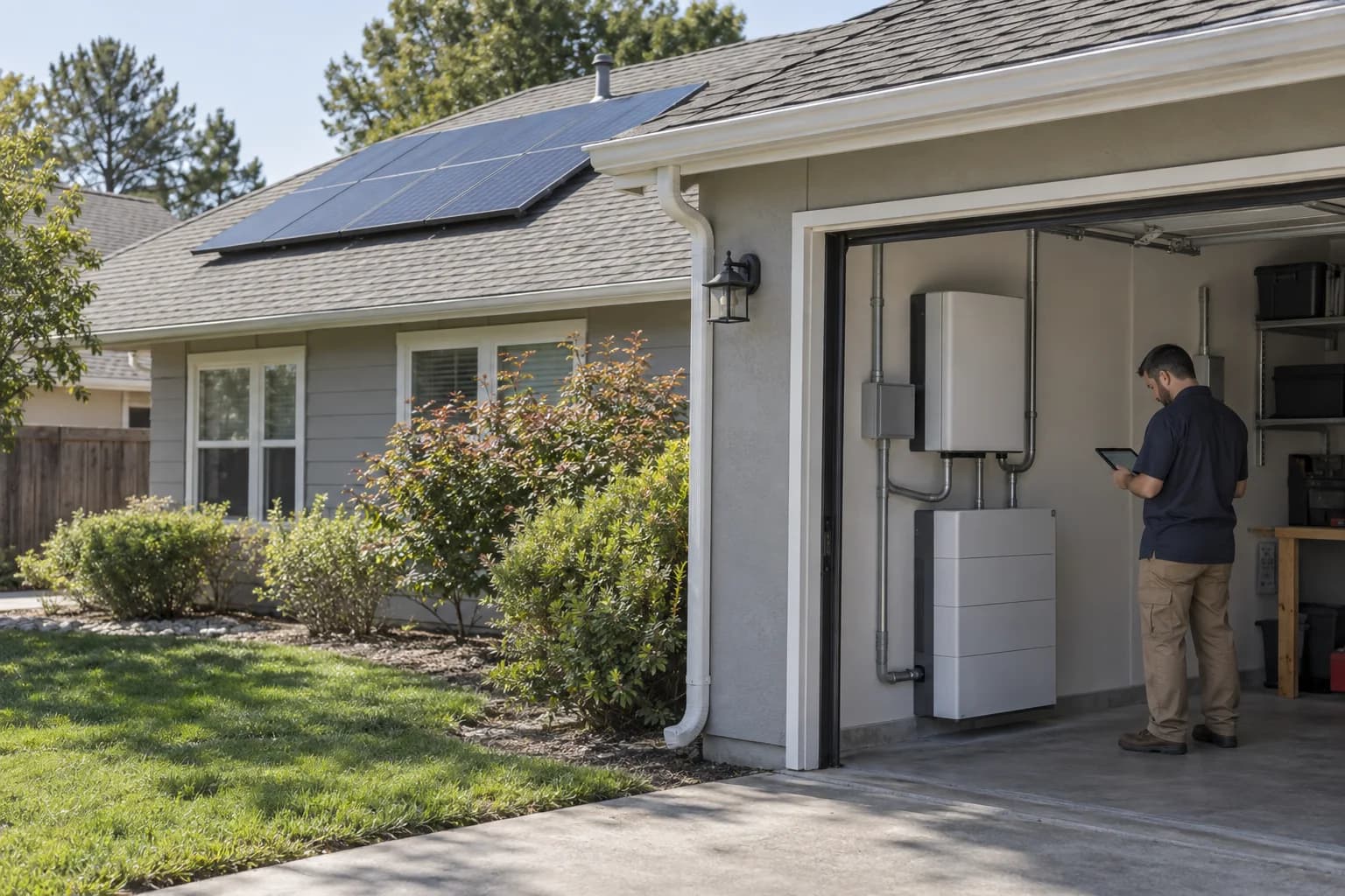 Home with rooftop solar, a hybrid inverter and battery backup equipment