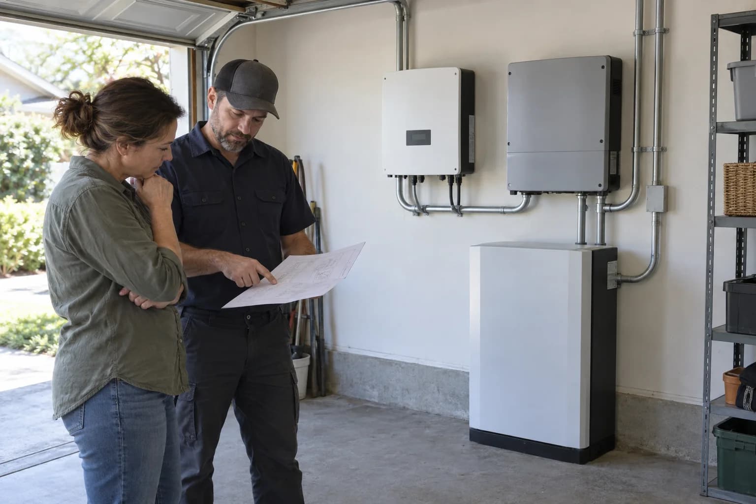 Homeowner and electrician comparing separate solar and battery inverter equipment