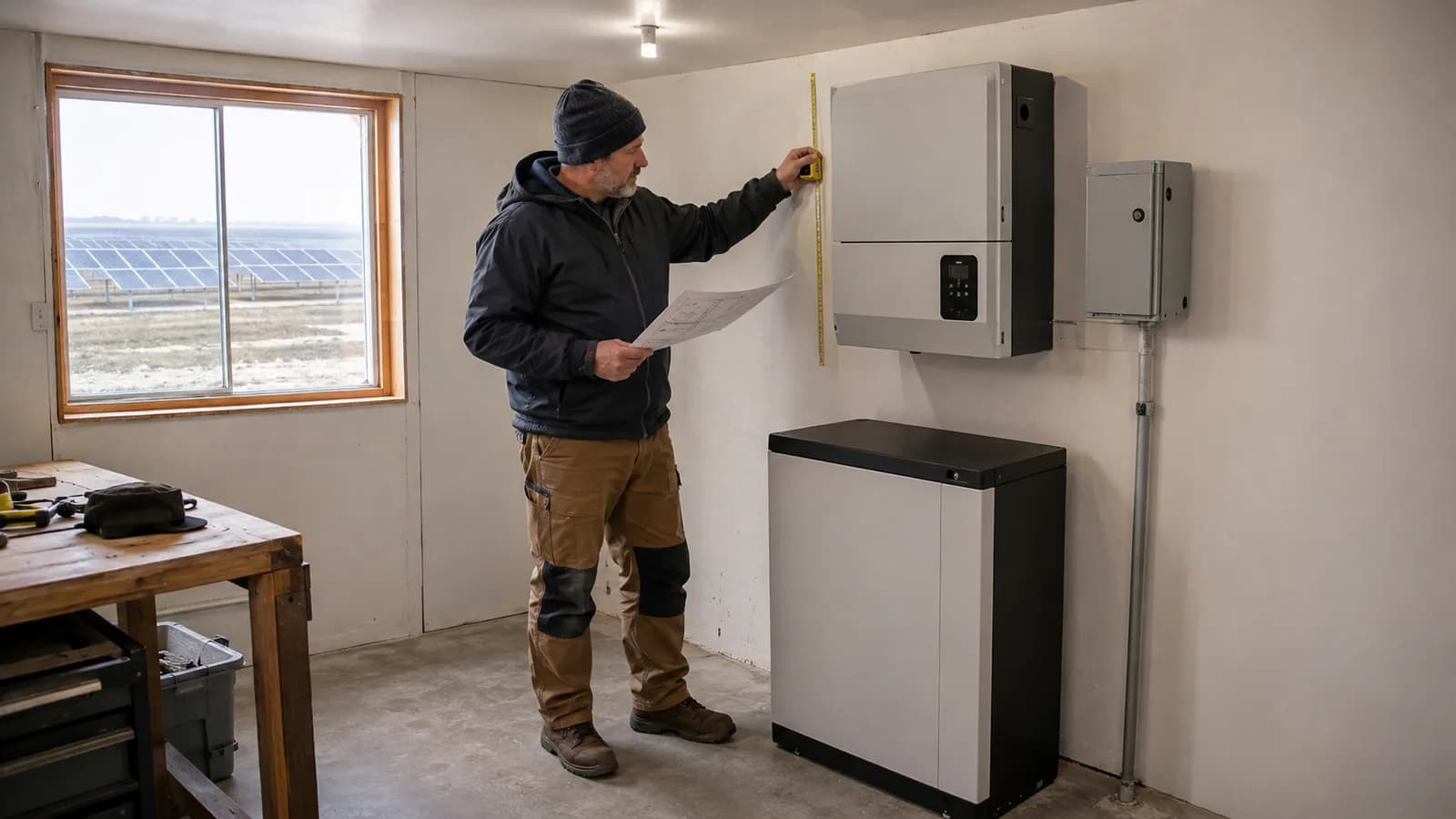 Illustrative editorial photograph of a technician reviewing a site plan beside closed inverter and battery equipment inside a small utility room; it is not a customer installation.