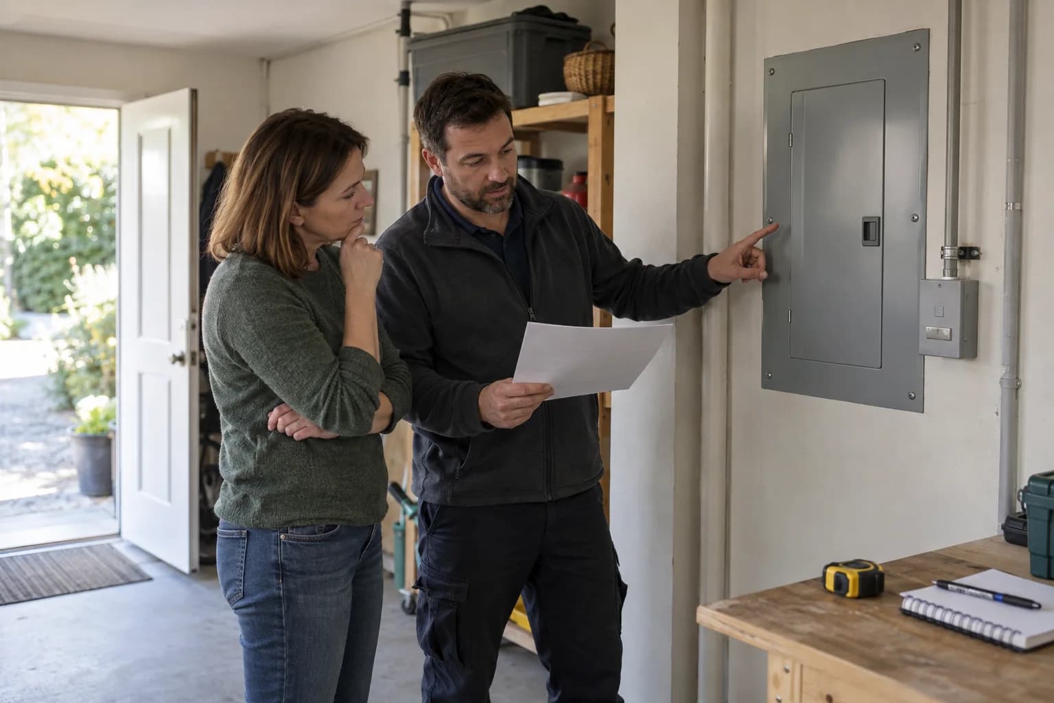 Illustrative editorial photograph of a homeowner reviewing installation scope beside a closed electrical cabinet; it is not a customer project record.