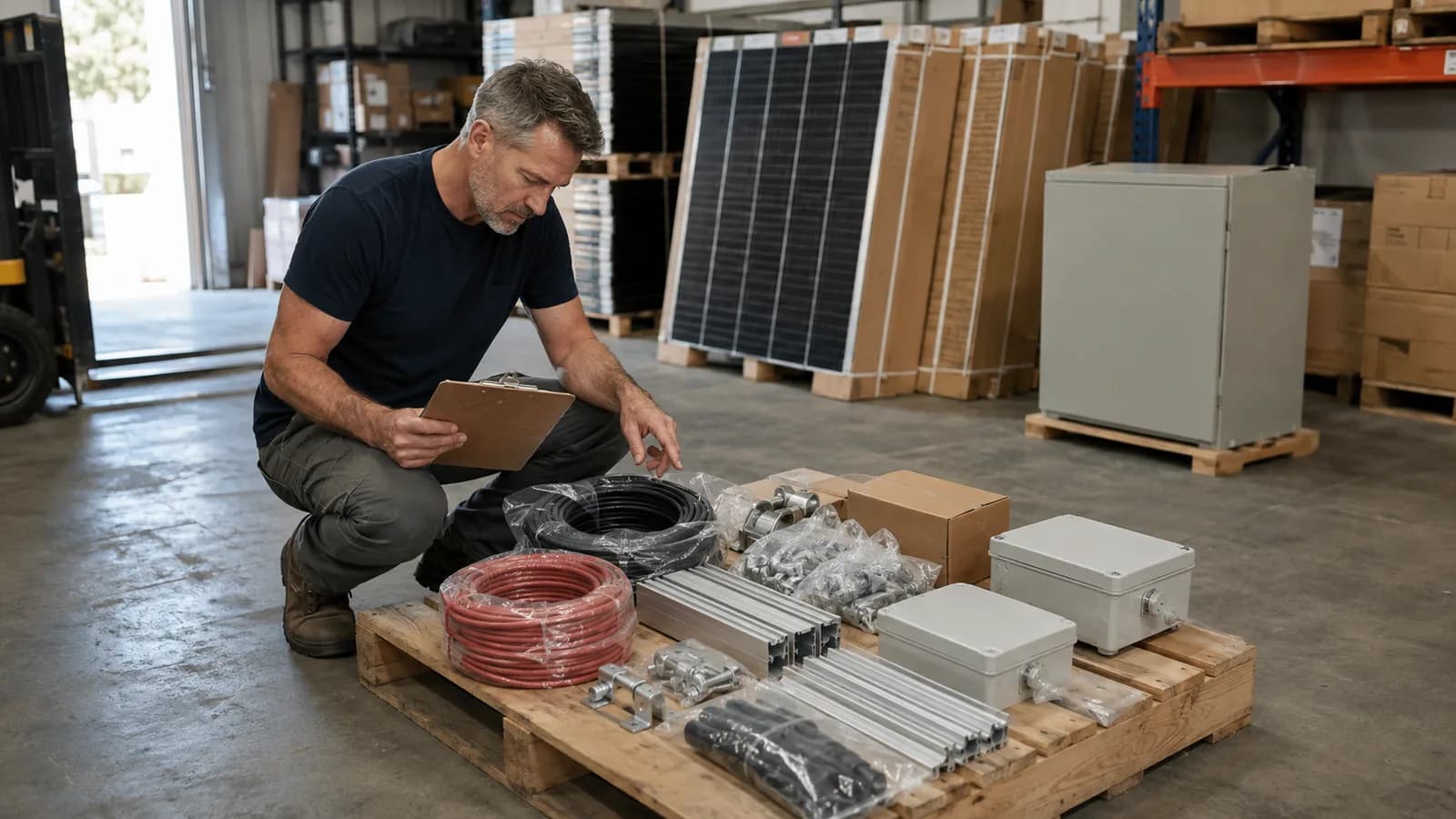 Illustrative editorial photograph of a solar technician checking unopened cables, mounting hardware and protection equipment against a printed parts list; it is not a customer project record.