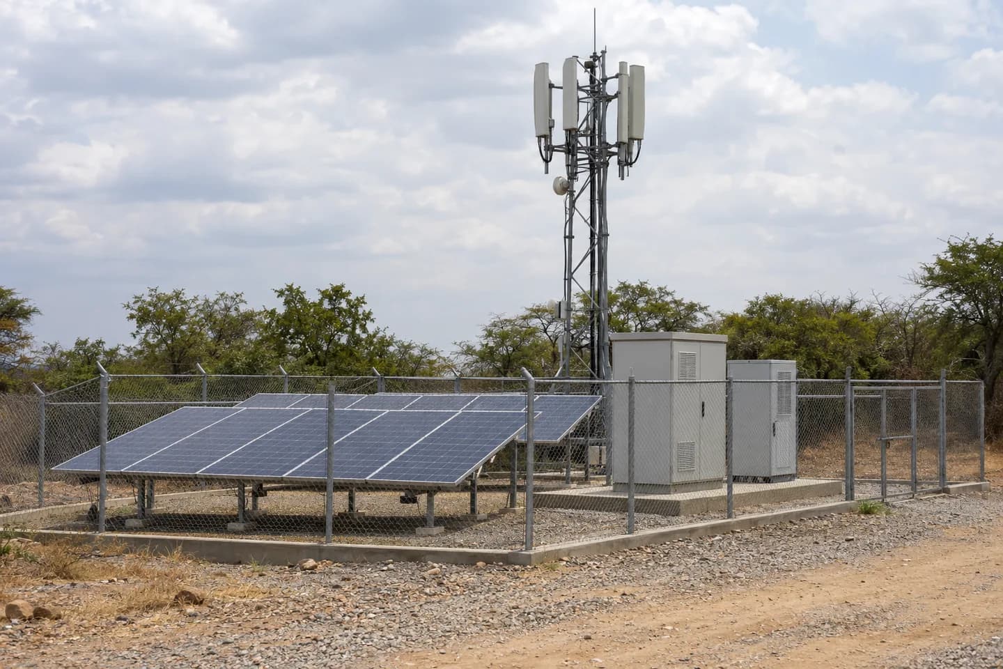 Editorial illustration of solar panels and power cabinets at a telecom site