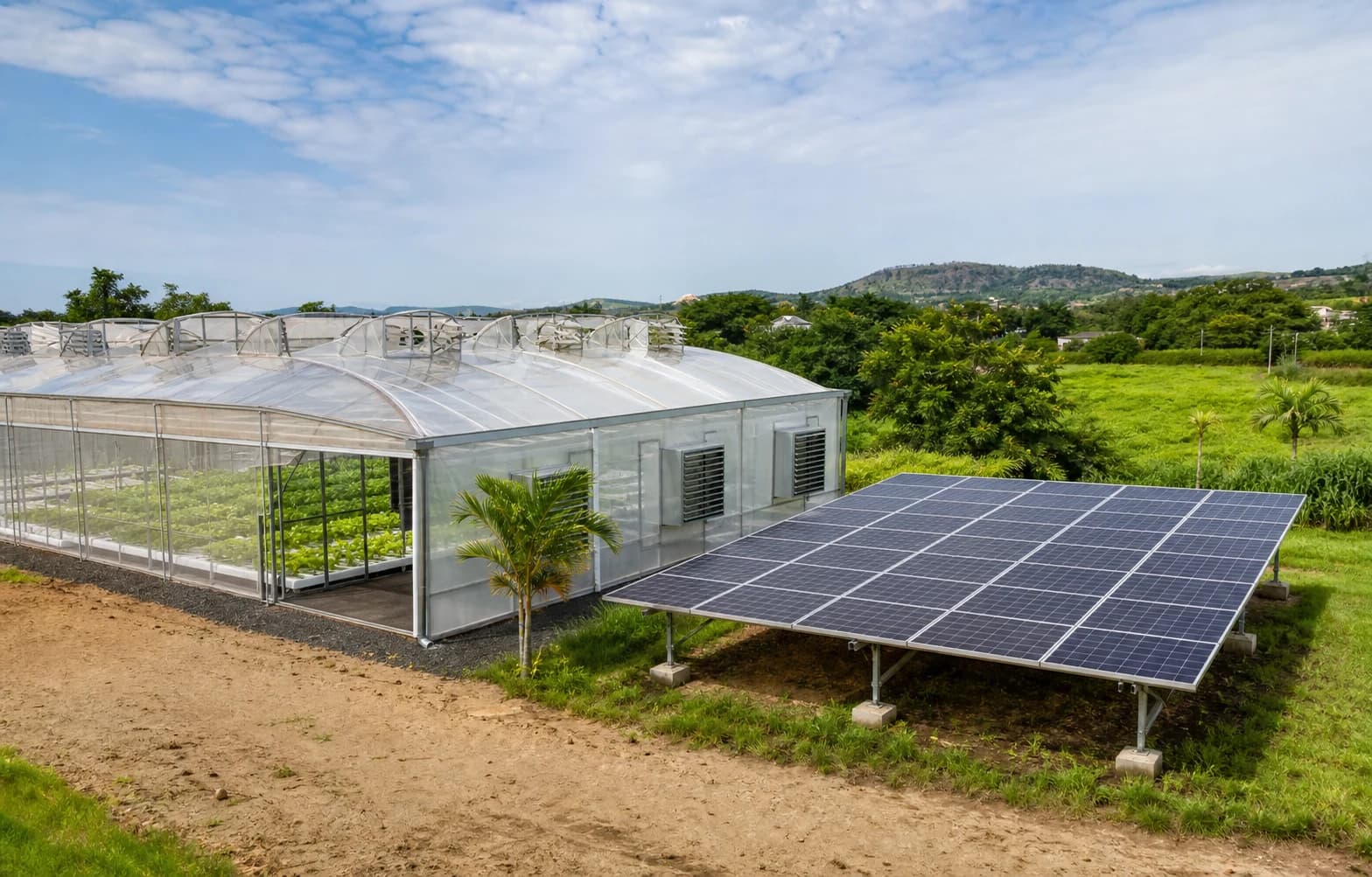 Illustrative visual for Hydroponic Greenhouse Solar + Storage Supply Case — Mauritius