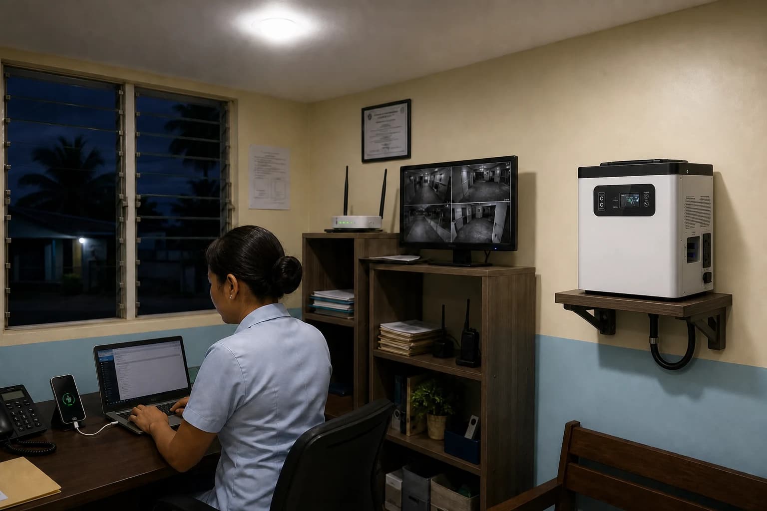 Community office continuing essential lighting, Wi-Fi, laptop and CCTV use during an outage