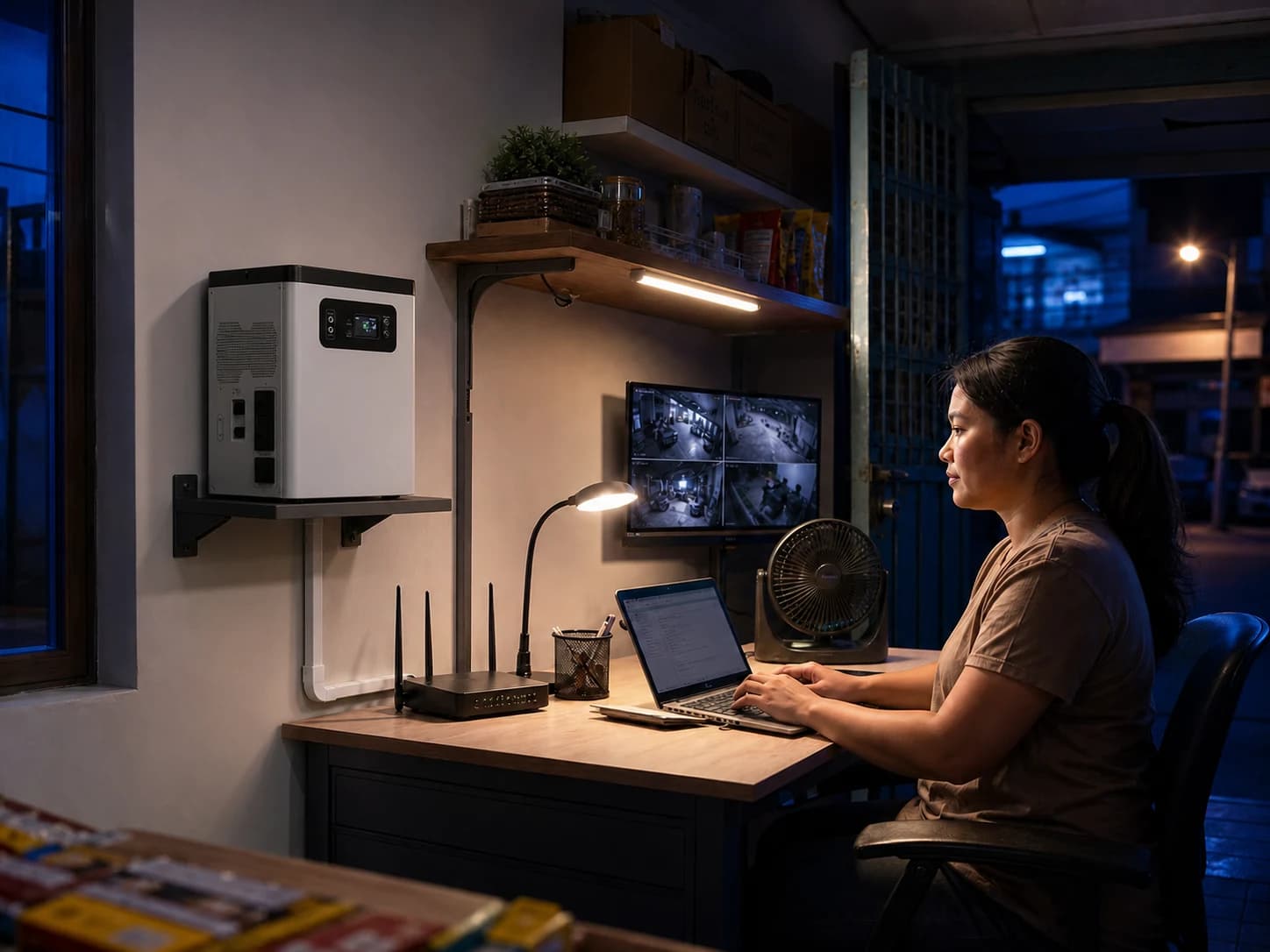 All-in-one backup power system supporting a small shop's router, laptop, lights, fan and CCTV