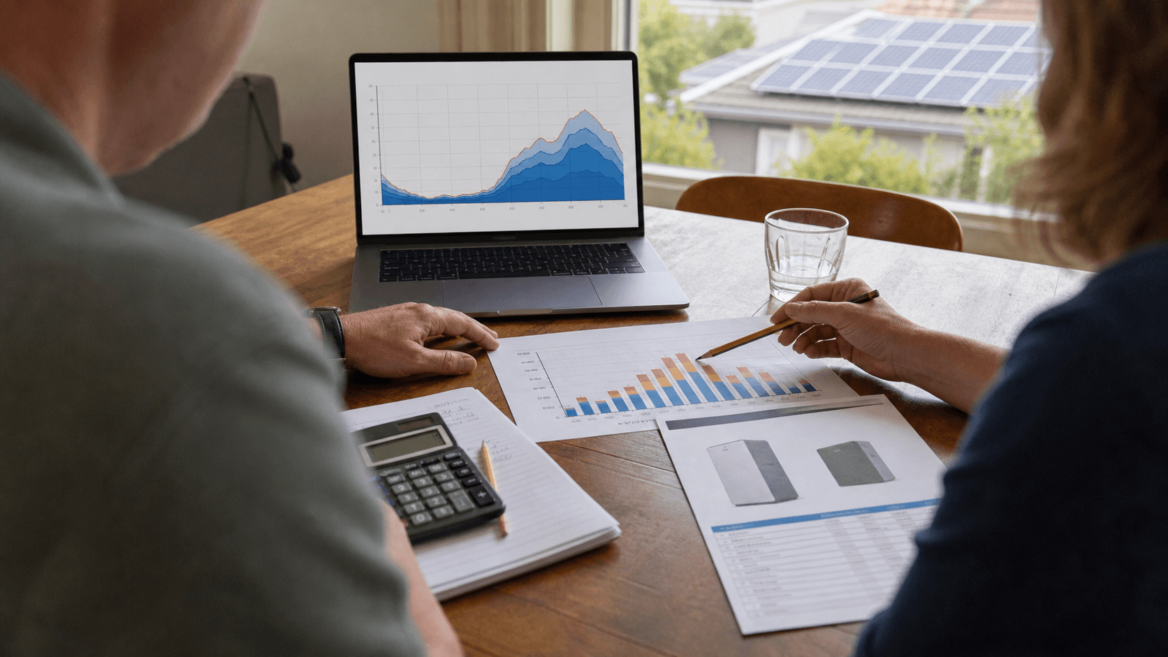 Illustrative editorial image of two people reviewing household interval-use charts and a generic battery proposal; it is not a Rongkai customer meeting or project.