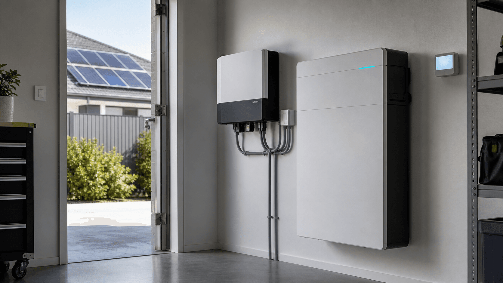 A residential battery and hybrid inverter installed in a clean Australian home garage, with rooftop solar visible outside.