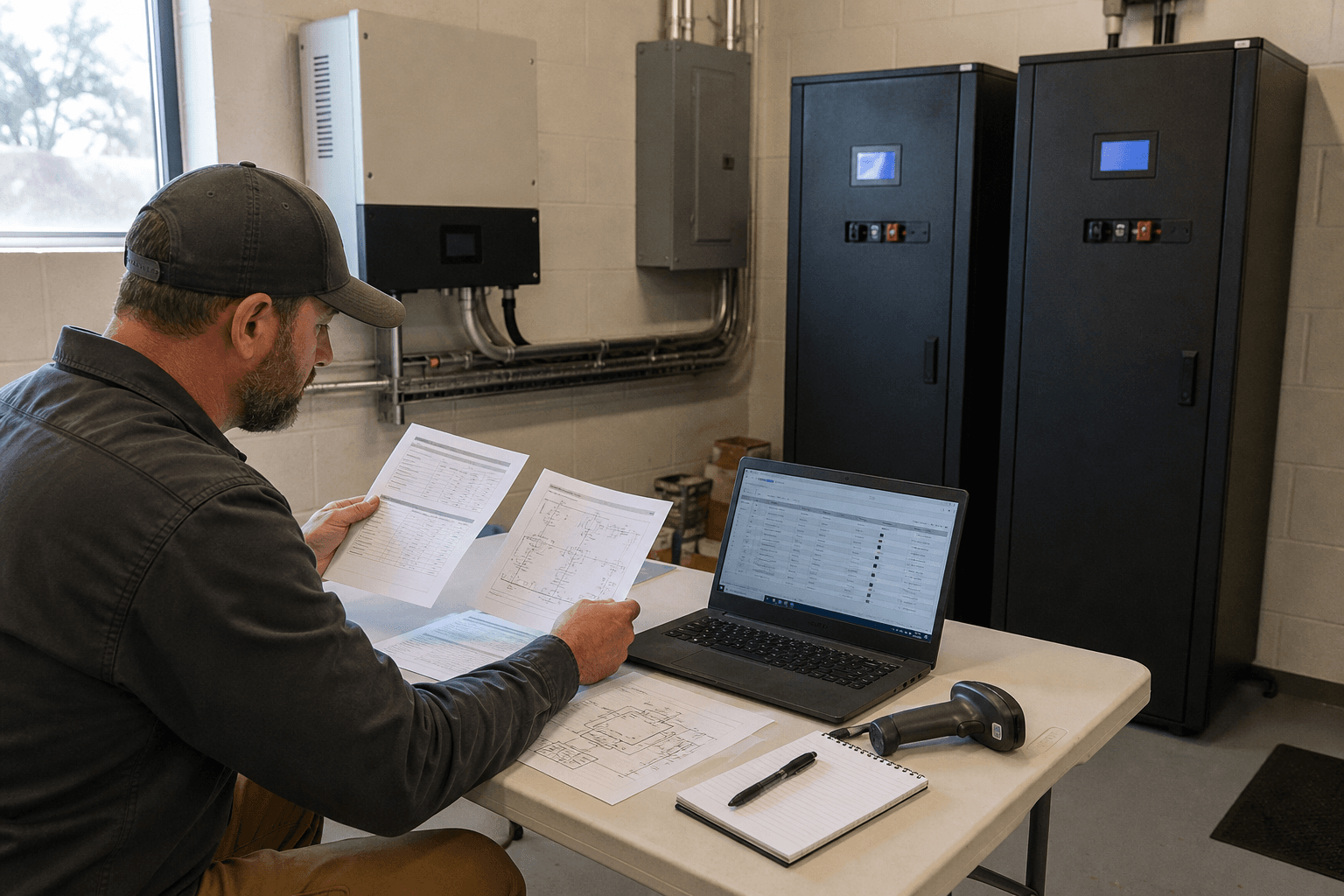 Illustrative editorial photograph of a technician reviewing battery datasheets, system drawings and module records beside closed battery cabinets; it is not a Rongkai customer project.