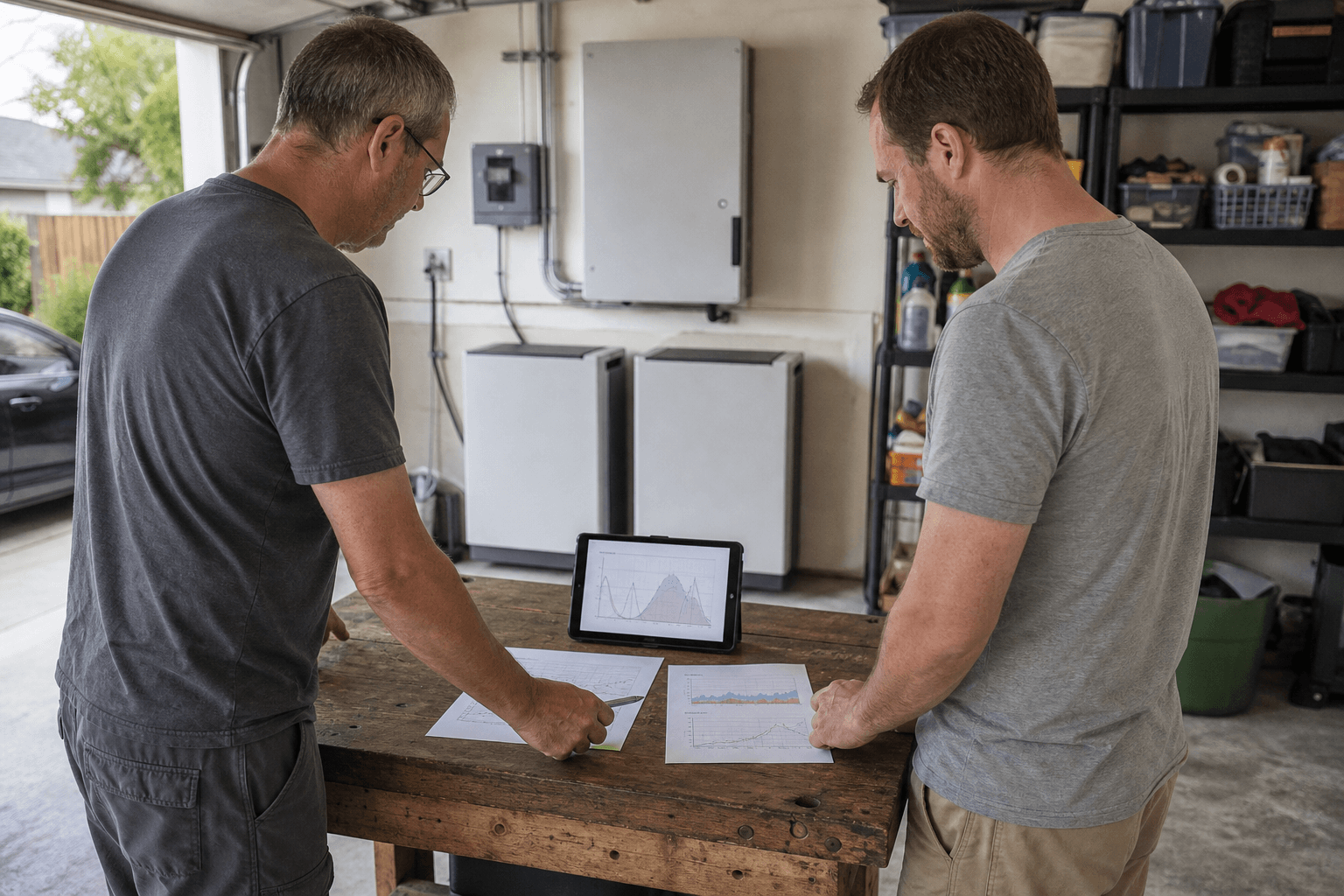 Illustrative editorial photograph of a homeowner and technician reviewing energy charts for a modular battery and EV charging upgrade; it is not a Rongkai customer project.