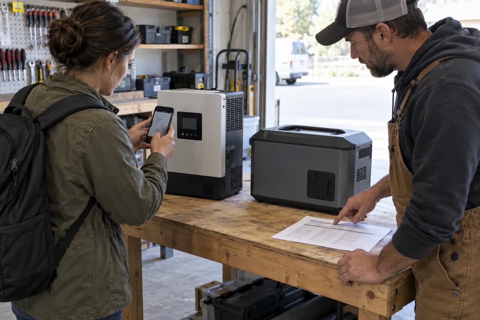 Illustrative editorial photograph of a buyer and technician checking an unbranded all-in-one inverter and a separate battery before purchase; it is not a customer project record.