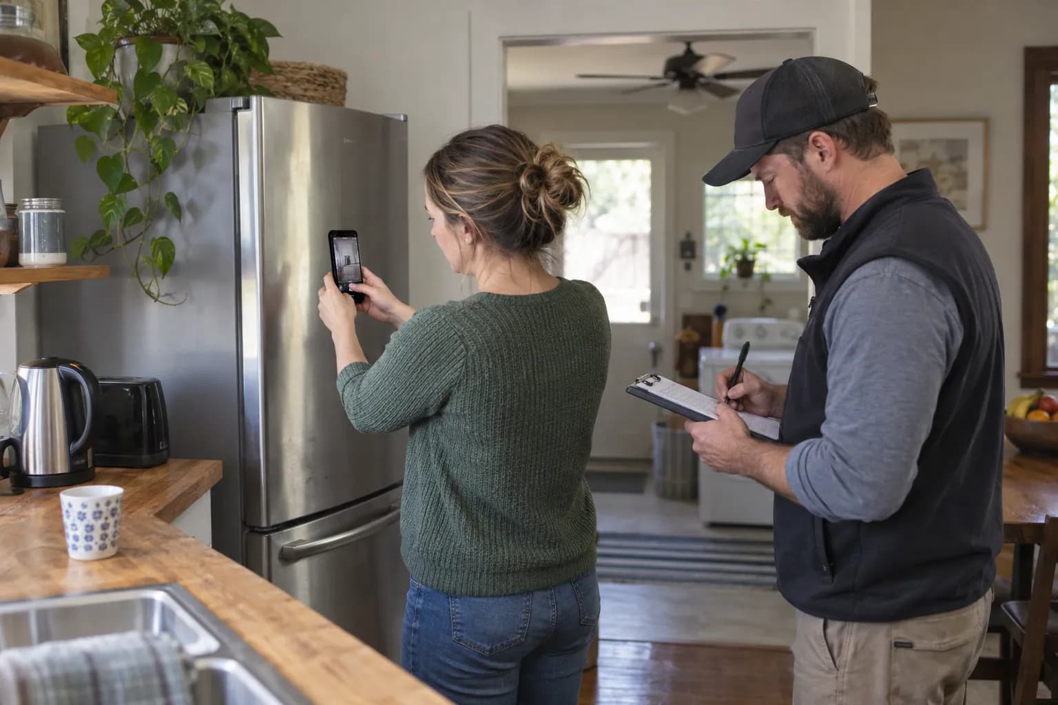 Illustrative editorial photograph of a homeowner and technician checking household appliance loads before choosing an inverter and battery; it is not a customer project record.