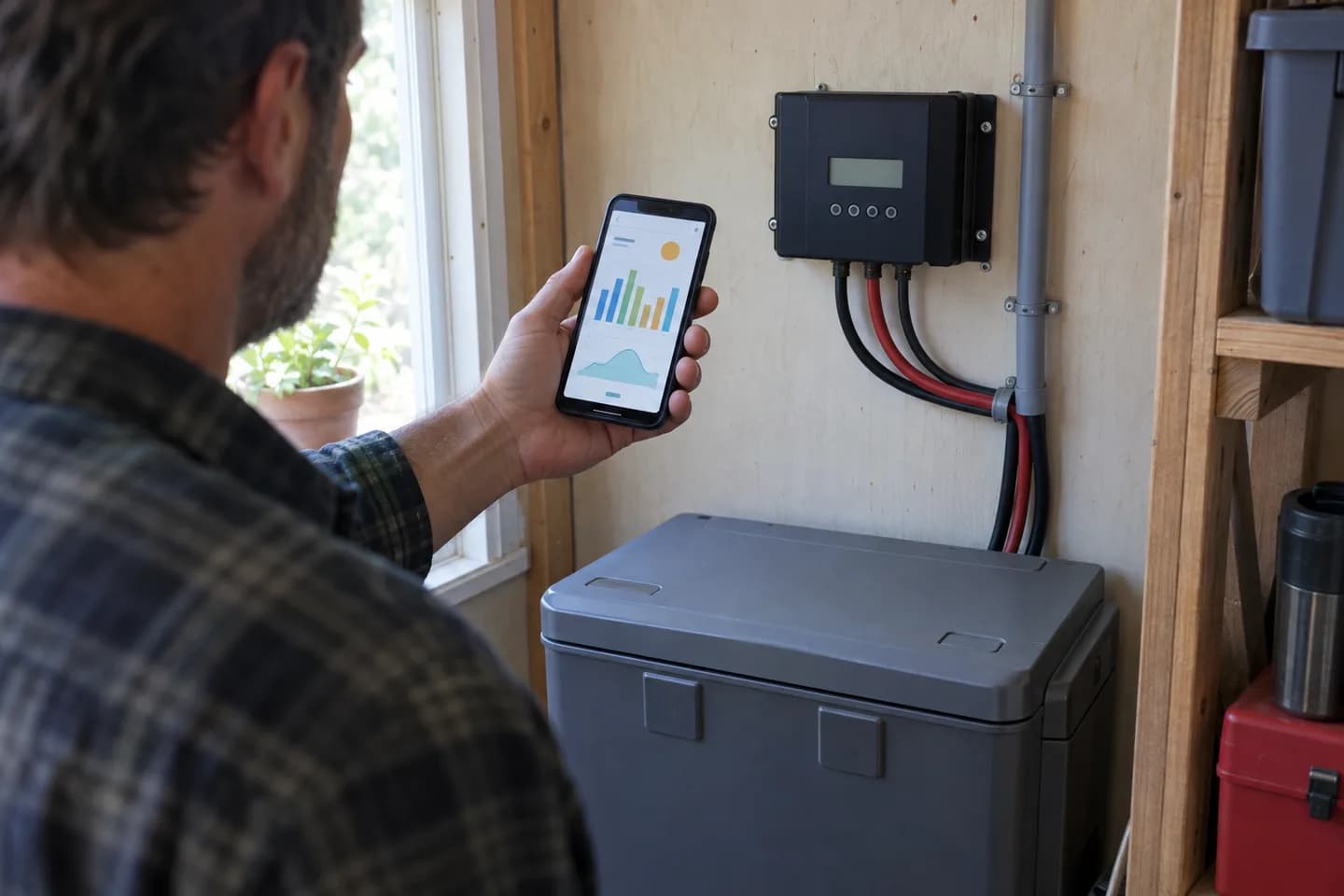 Illustrative editorial photograph of a person checking a small solar charge controller and a daily energy chart on a phone.