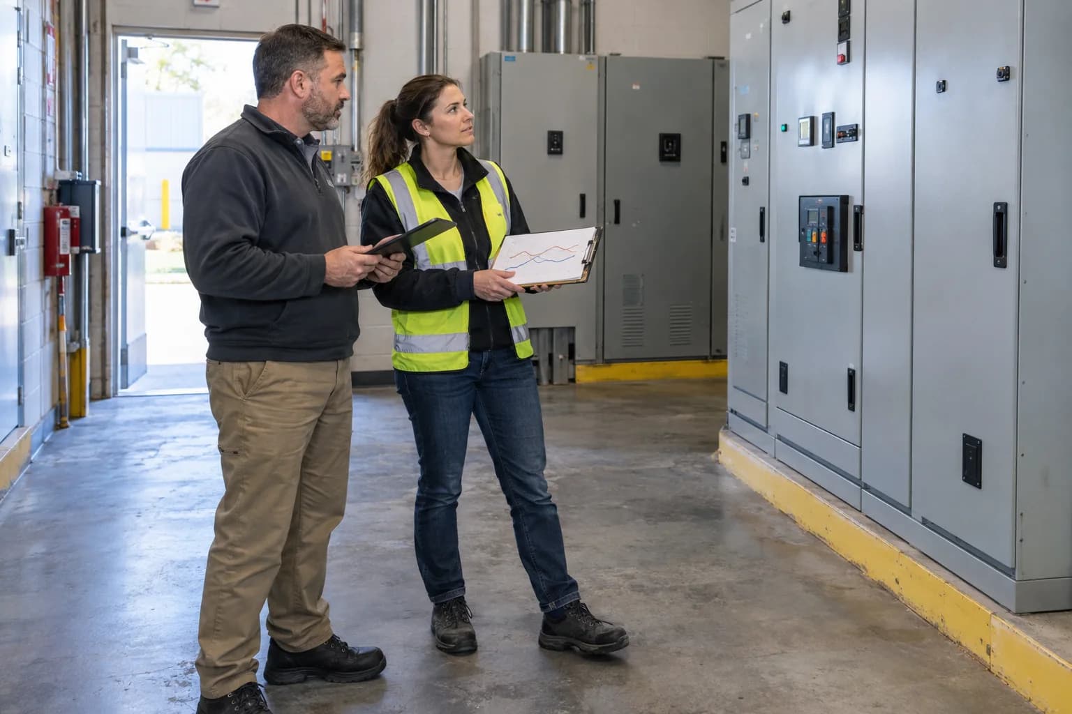 A facility manager and engineer reviewing equipment in a commercial electrical room