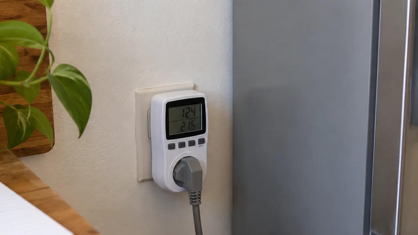 Illustrative editorial image of a plug-in energy meter measuring a refrigerator