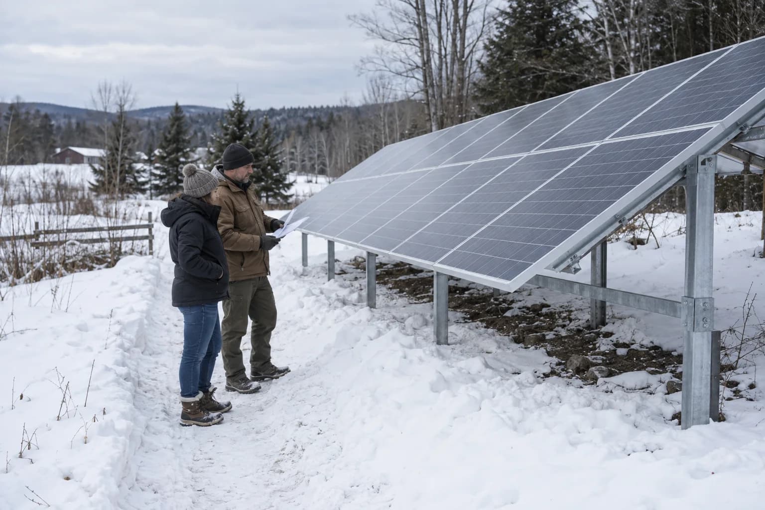 Ground-mounted solar array with a winter maintenance path beside accumulated snow