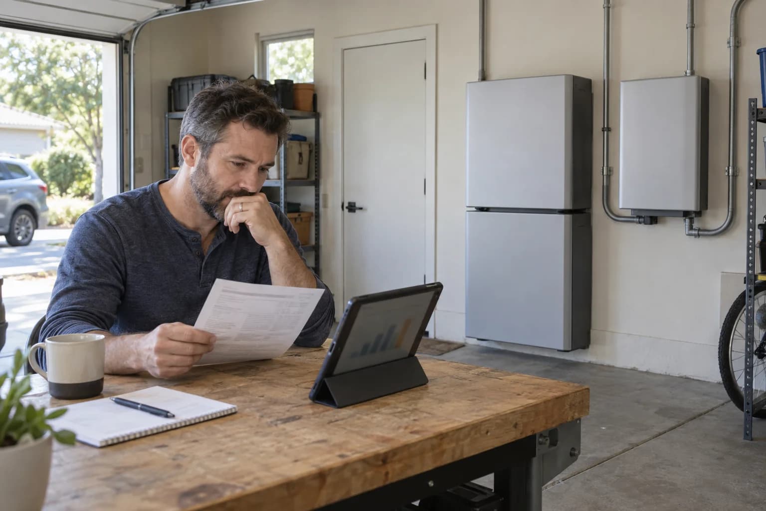 Homeowner reviewing energy use beside a modular home battery system