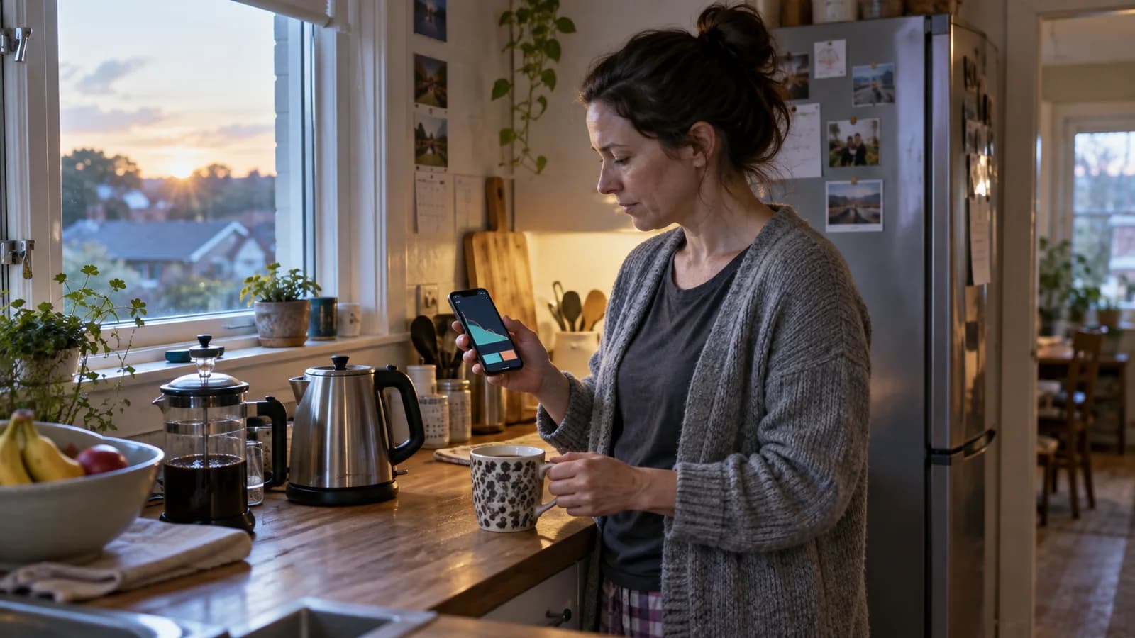 Illustrative editorial image of a homeowner checking home battery history in the kitchen early in the morning