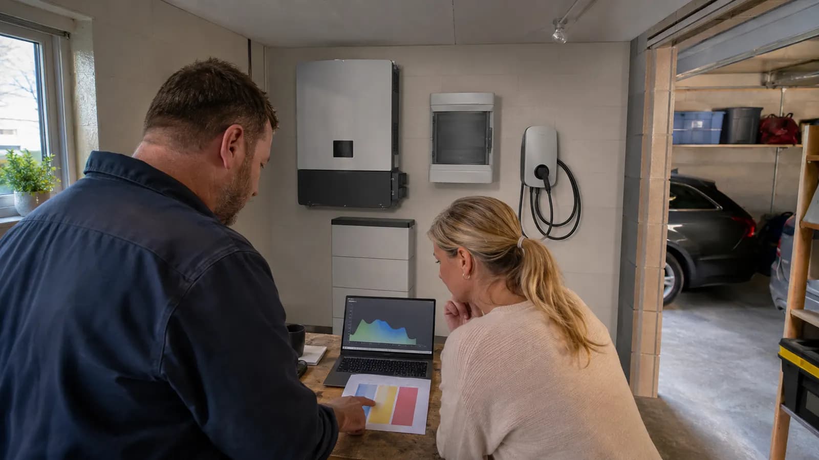 Illustrative editorial photograph of a homeowner and electrician reviewing a household load schedule beside closed inverter, battery and EV-charging equipment.