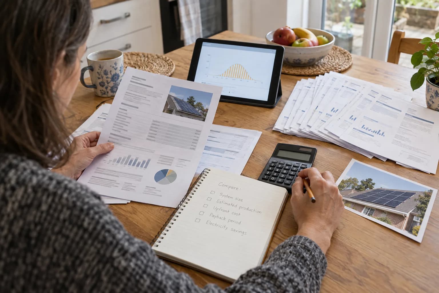 Homeowner comparing an itemised home solar quote with electricity bills and a production estimate