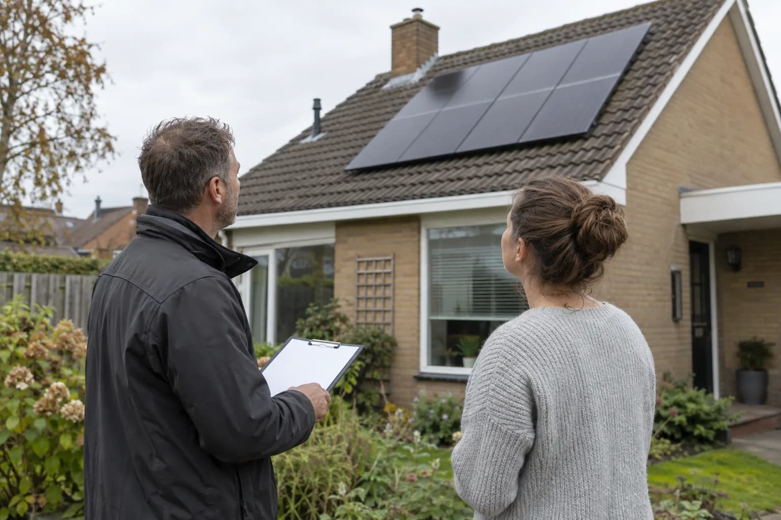 Homeowner and solar surveyor looking at the roof before preparing a home solar quotation
