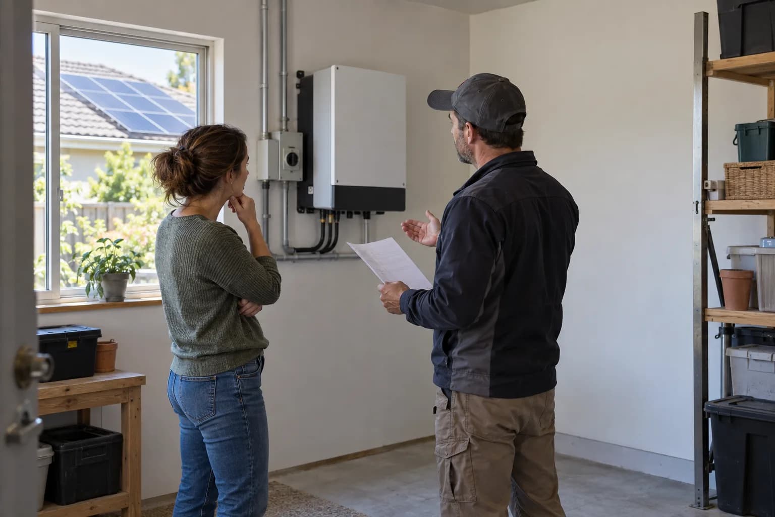 Illustrative editorial photo of a homeowner discussing a closed solar inverter with an installer