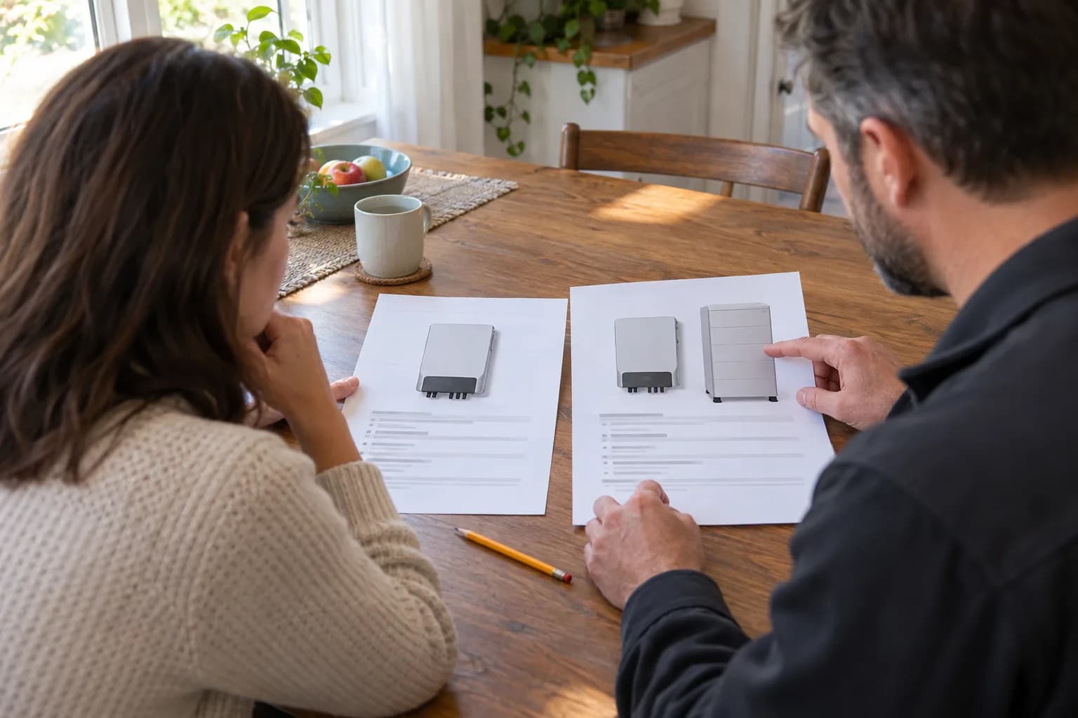 Illustrative editorial photo of two home solar inverter equipment proposals being compared