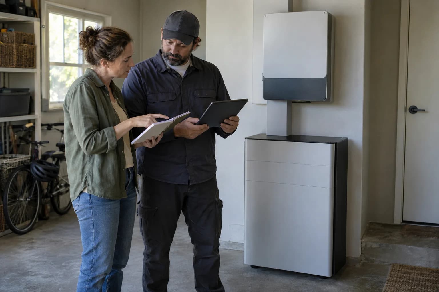 Homeowner reviewing off-grid loads beside solar battery equipment