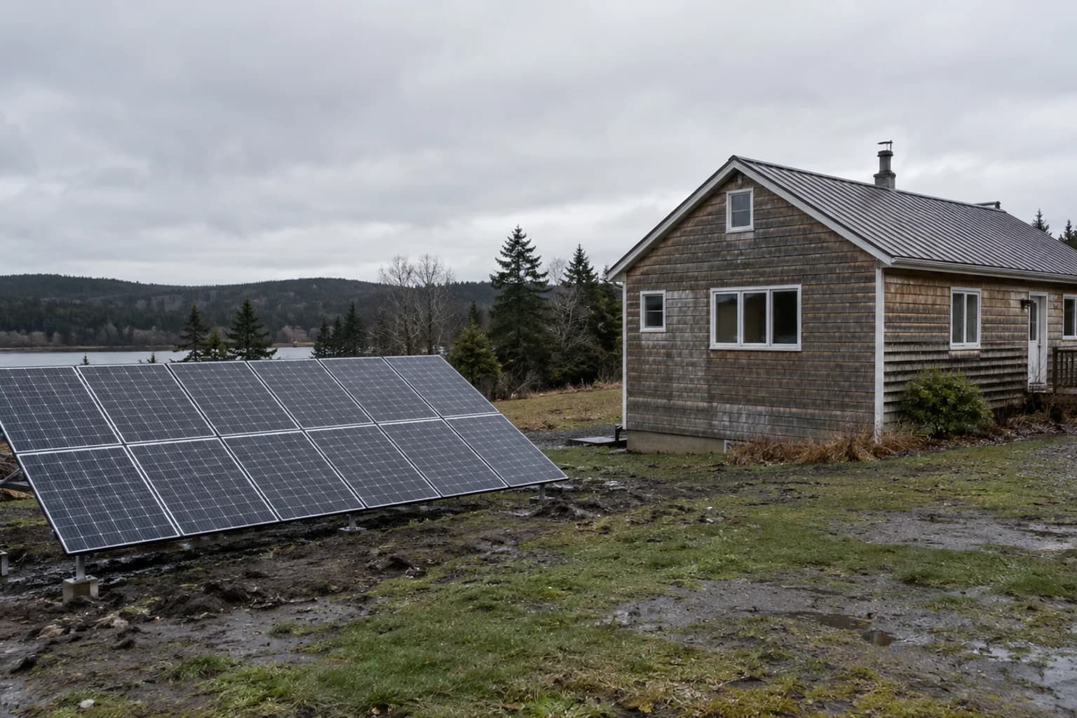 Off-grid solar array beside a rural home under overcast skies