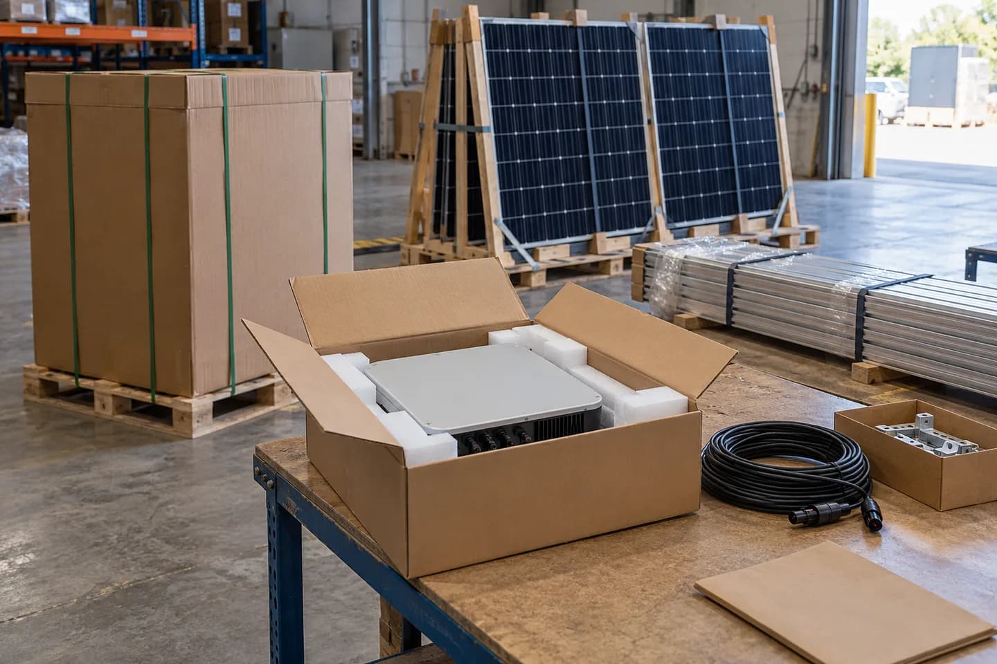 Editorial illustration of solar equipment and accessories being packed