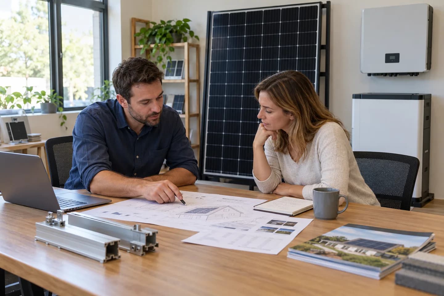 Editorial illustration of solar system planning with equipment samples