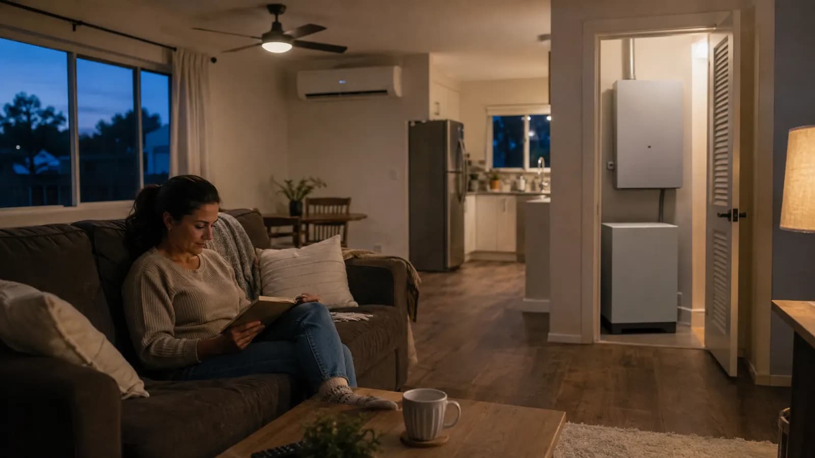Illustrative editorial photograph of an ordinary home using lights, a ceiling fan, refrigerator and air conditioner after sunset, with closed inverter and battery equipment in a utility room.