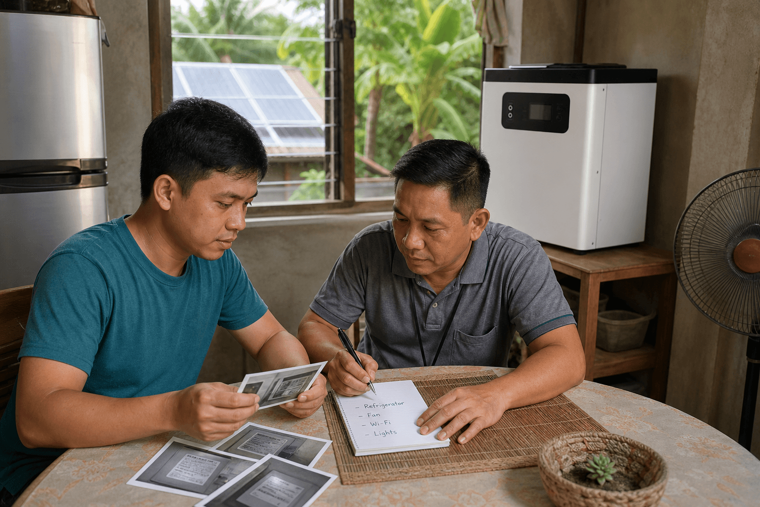 Illustrative editorial photograph of a Filipino homeowner reviewing essential appliances and an all-in-one solar backup unit; it is not a Rongkai customer project.