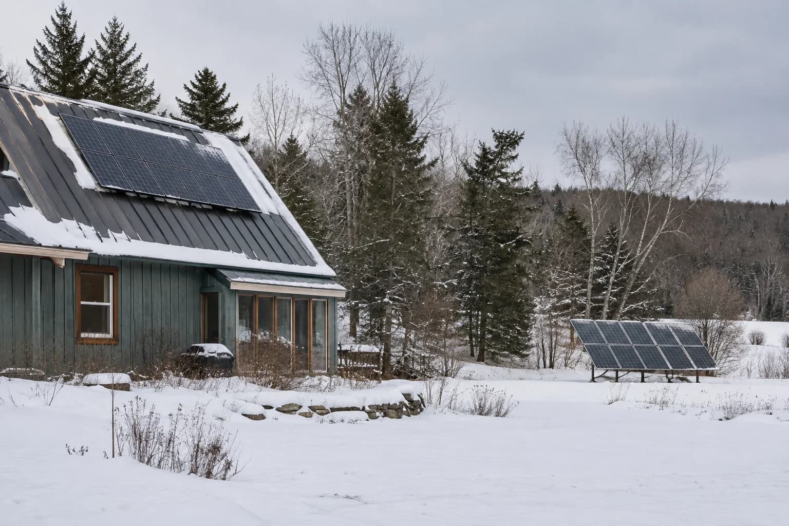 Snow-covered property with solar panels on a steep metal roof and a ground array nearby