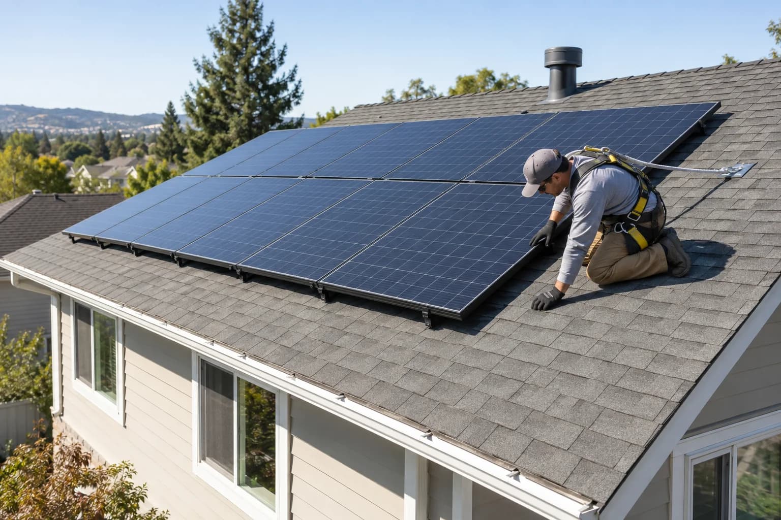 Illustrative editorial photograph of a technician safely inspecting a completed solar array and the surrounding roof surface