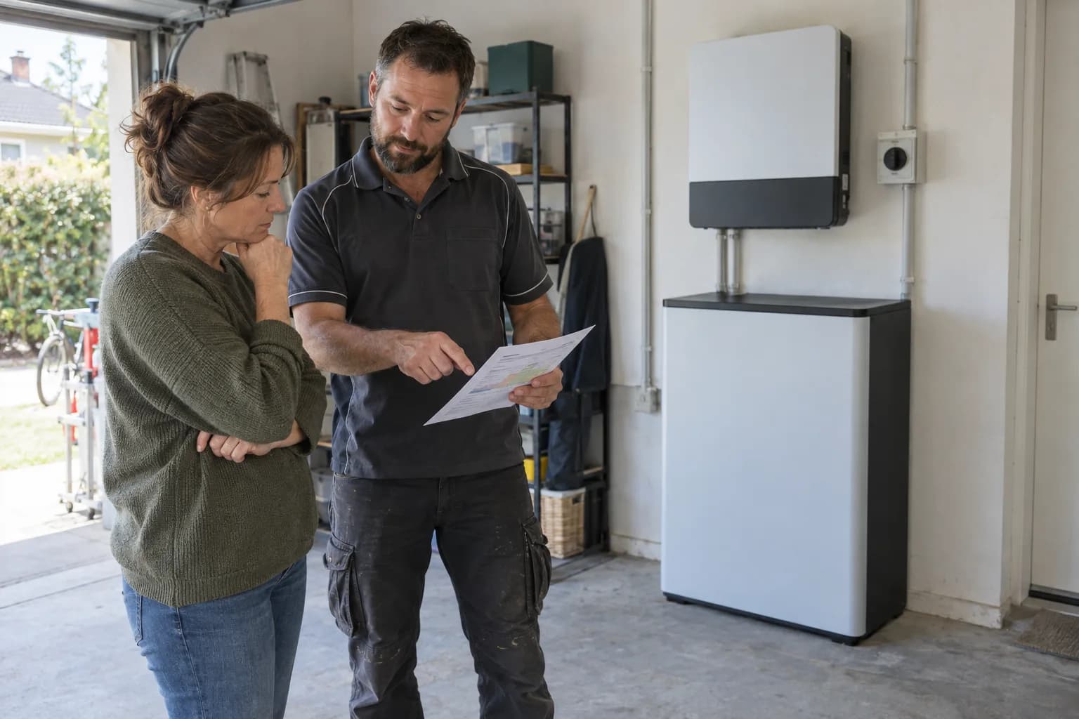 Illustrative editorial image of a homeowner and installer reviewing a home battery proposal