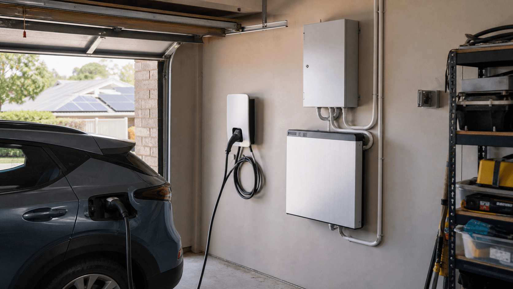 Illustrative editorial image of a home EV charging beside a solar and battery system; equipment and installation details vary by project.