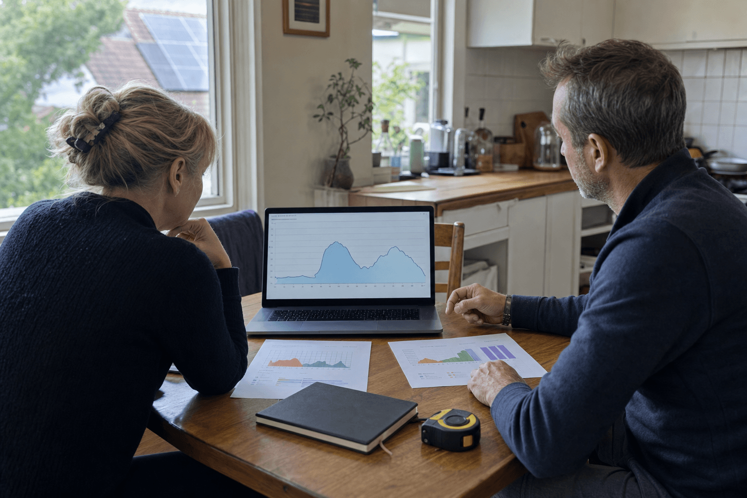Illustrative editorial image of a homeowner reviewing interval electricity charts for a possible solar battery retrofit; it is not a Rongkai customer meeting or project.