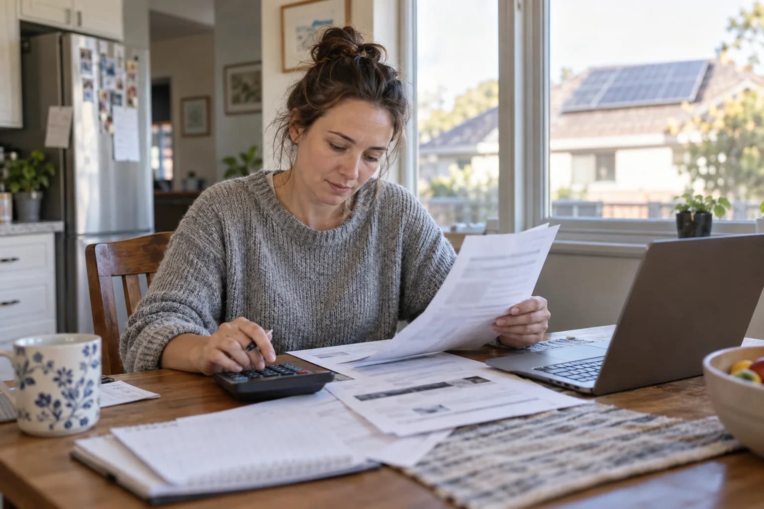 Homeowner comparing a solar lease with an electricity bill at a kitchen table