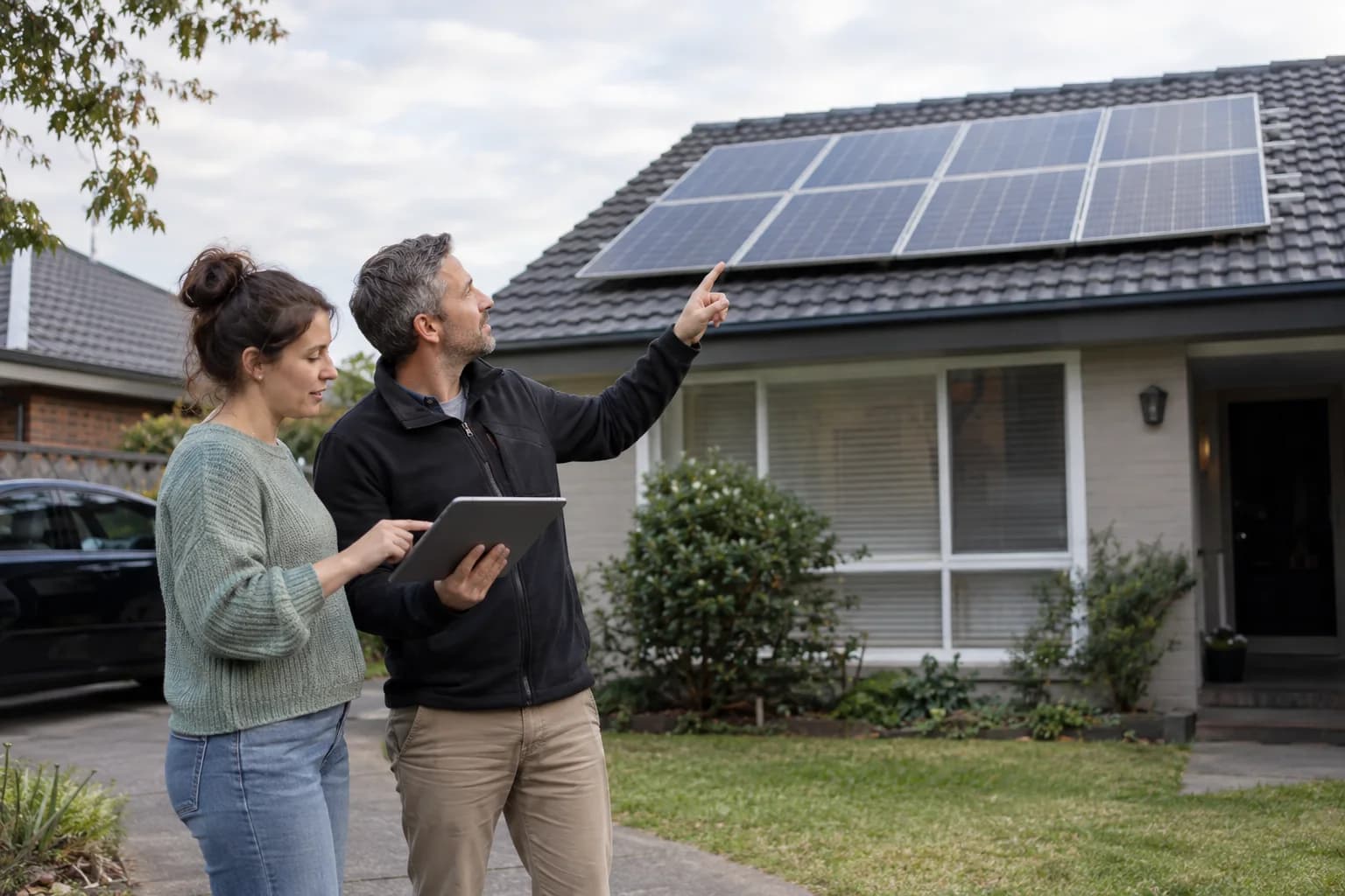 Homeowner and solar adviser reviewing a rooftop solar proposal