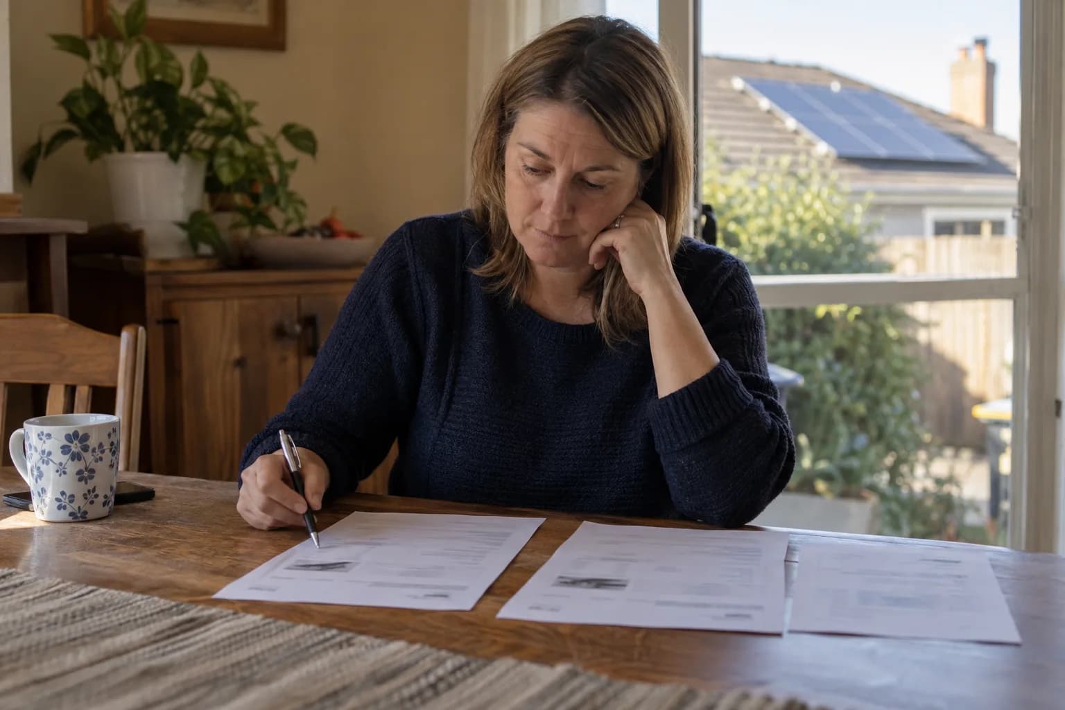 Illustrative editorial image of a homeowner comparing two solar quotations at a kitchen table