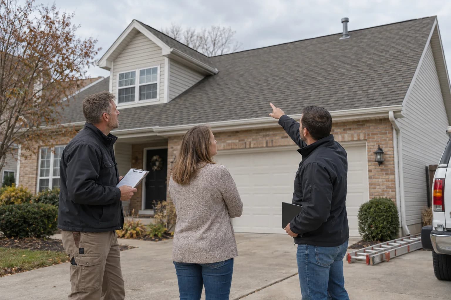 Illustrative editorial photograph of a homeowner, roofer and solar surveyor inspecting a pitched roof before installation