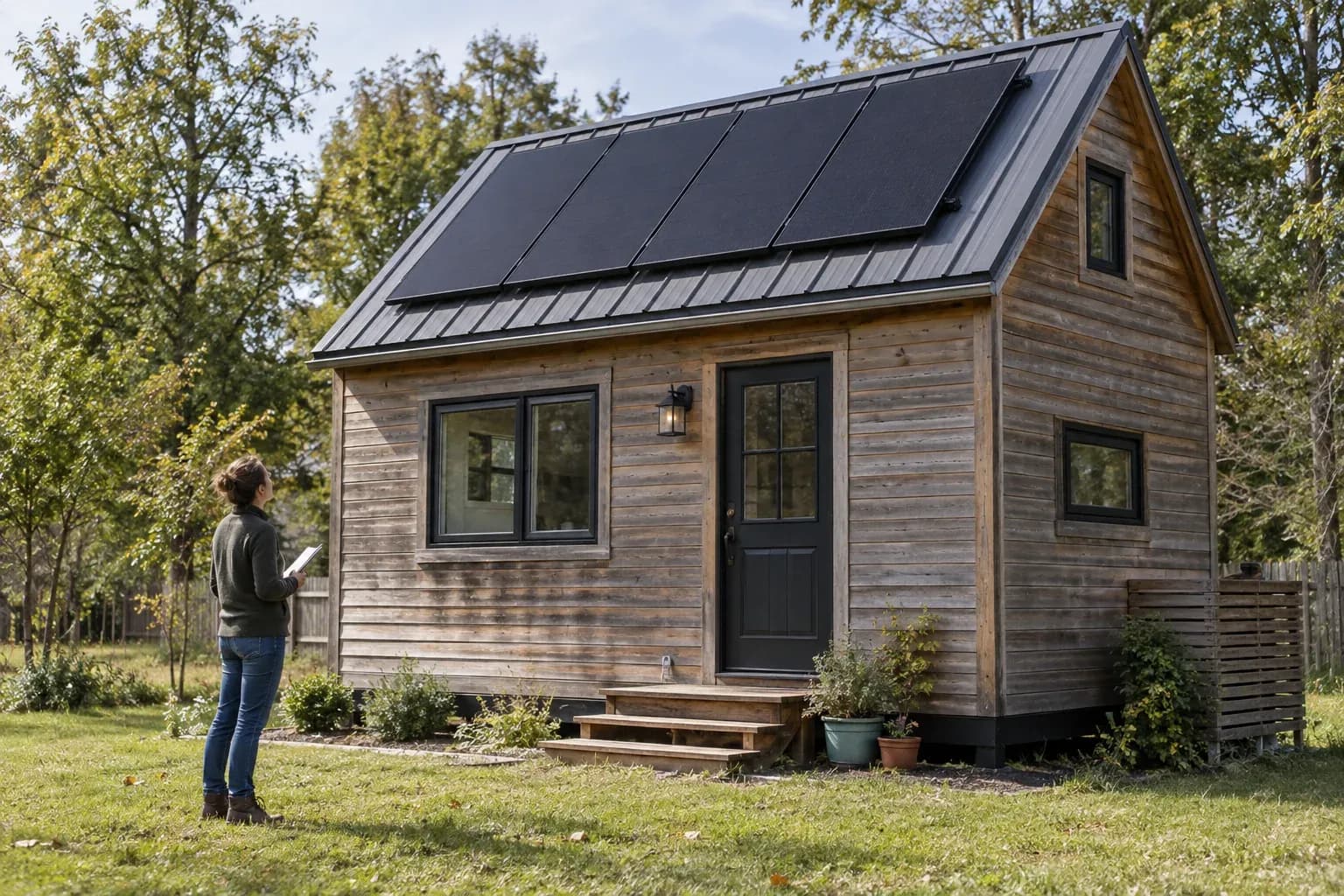 Tiny house with five all-black solar panels fitted to its pitched roof