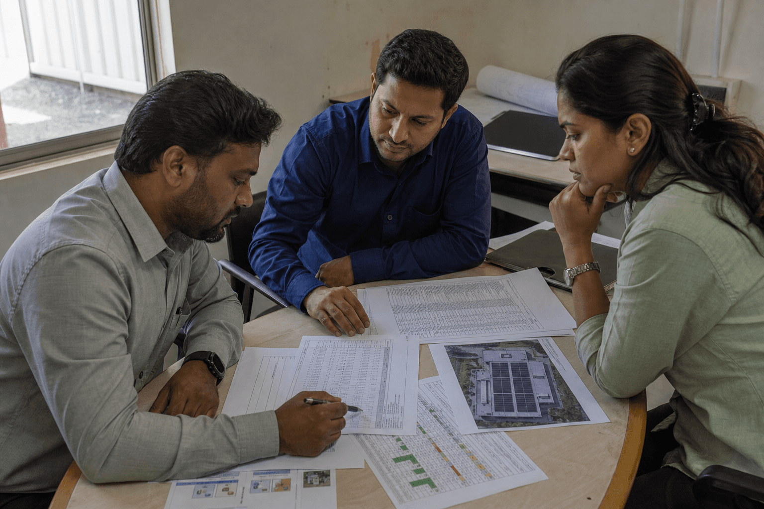 Illustrative editorial photograph of a buyer, engineer and procurement coordinator reviewing a solar project scope and responsibility matrix; it is not a Rongkai customer meeting.